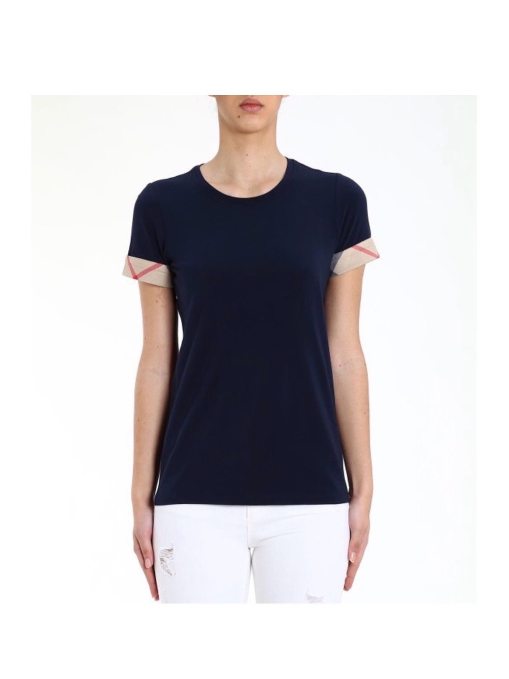 Burberry Navy Short-Sleeve Tee with Signature Check Cuff